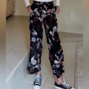 H&M Crane Print Satin Wide Leg Trousers High Waist Floral Size 6